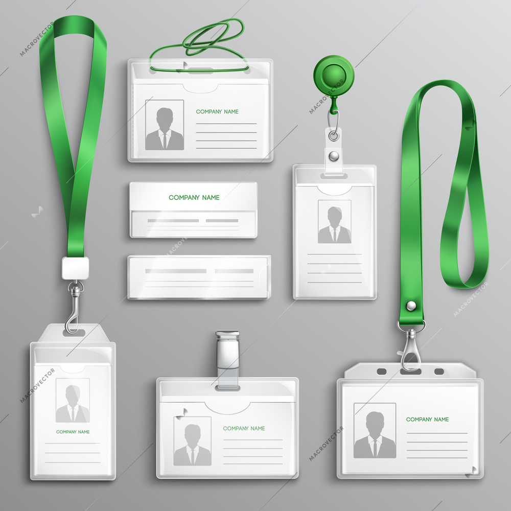 Clear plastic badges id cards holders collection with green neck lanyards and retractable reel clip realistic vector illustration