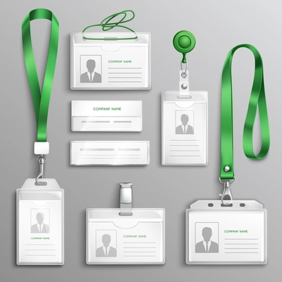 Clear plastic badges id cards holders collection with green neck lanyards and retractable reel clip realistic vector illustration