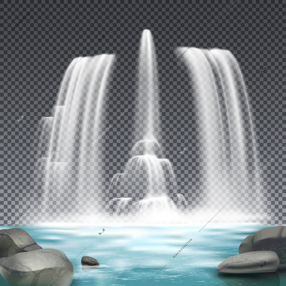 Cascade fountain waterworks realistic architectural element design with stones and waterfall on dark transparent background vector illustration