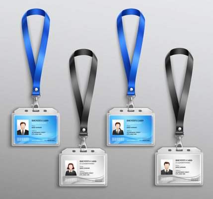 Clear plastic name tag badges id cards black and blue neck lanyards holders realistic set vector illustration