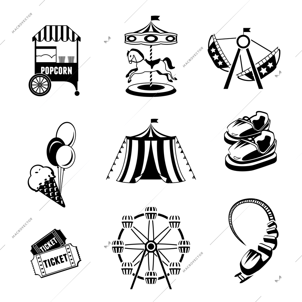 Amusement entertainment park black and white  icons set isolated vector illustration