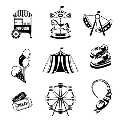 Amusement entertainment park black and white  icons set isolated vector illustration