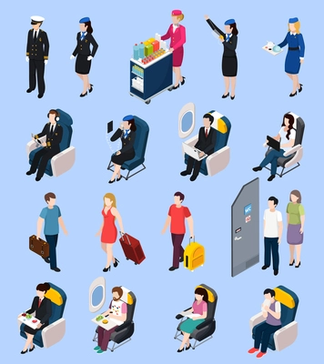 Airplane passengers and crew isometric set with airport symbols isolated vector illustration