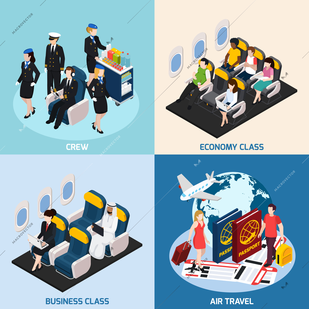 Airplane passengers and crew isometric concept icons set with air travel symbols isolated vector illustration