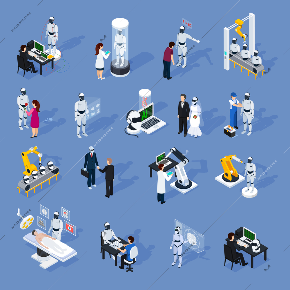 Artificial intelligence icons set with technology symbols isometric isolated vector illustration