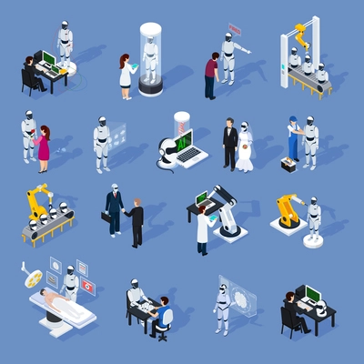 Artificial intelligence icons set with technology symbols isometric isolated vector illustration