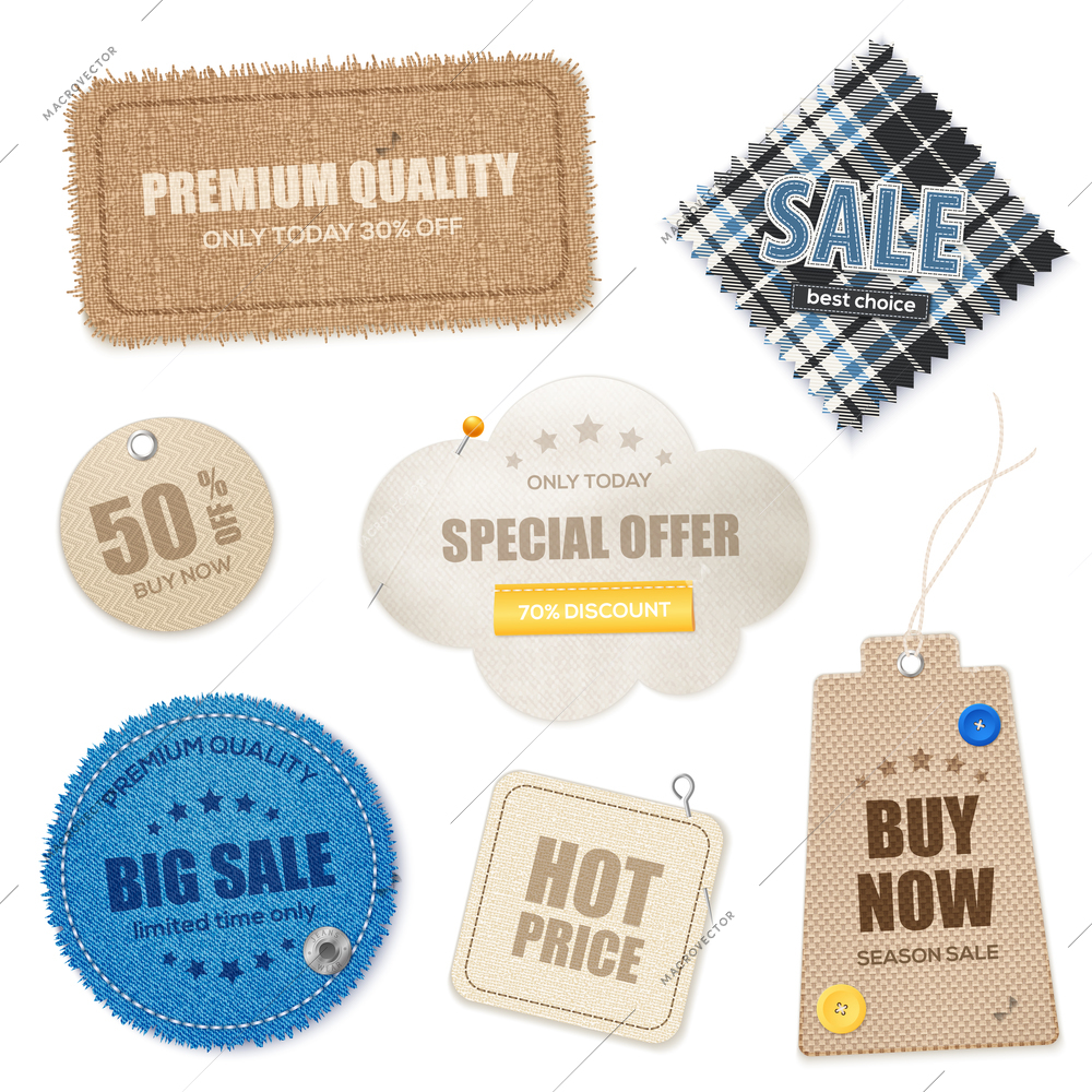 Realistic textile fabric texture price tags labels badges and cloth sale swathes collection isolated vector illustration