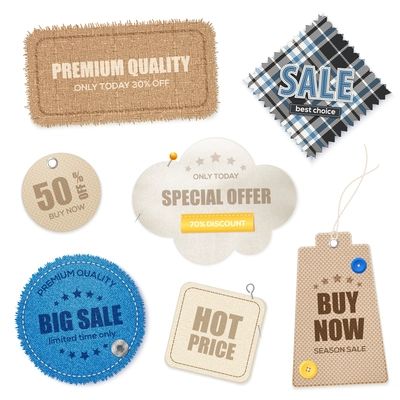 Realistic textile fabric texture price tags labels badges and cloth sale swathes collection isolated vector illustration