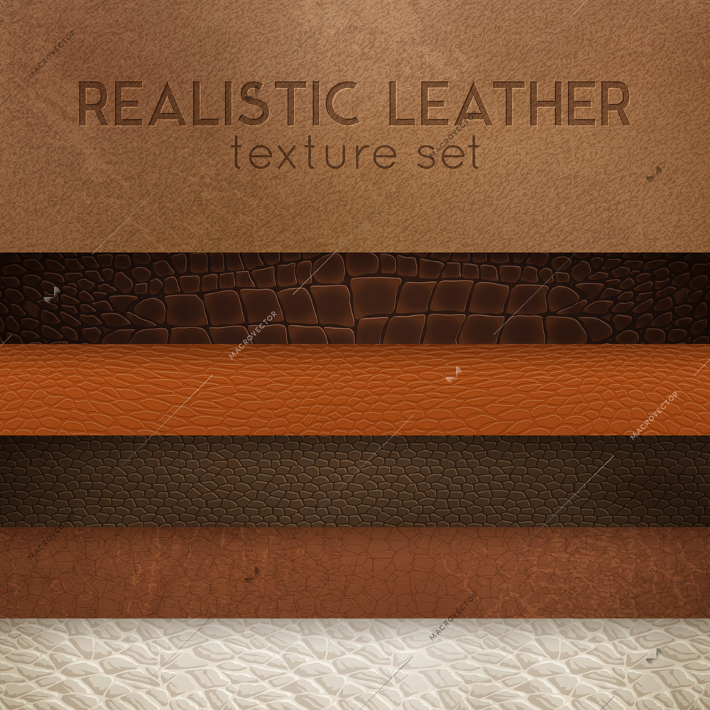 Close-up leather textures samples for furniture upholstery  and interior design horizontal realistic stripes set vector illustration