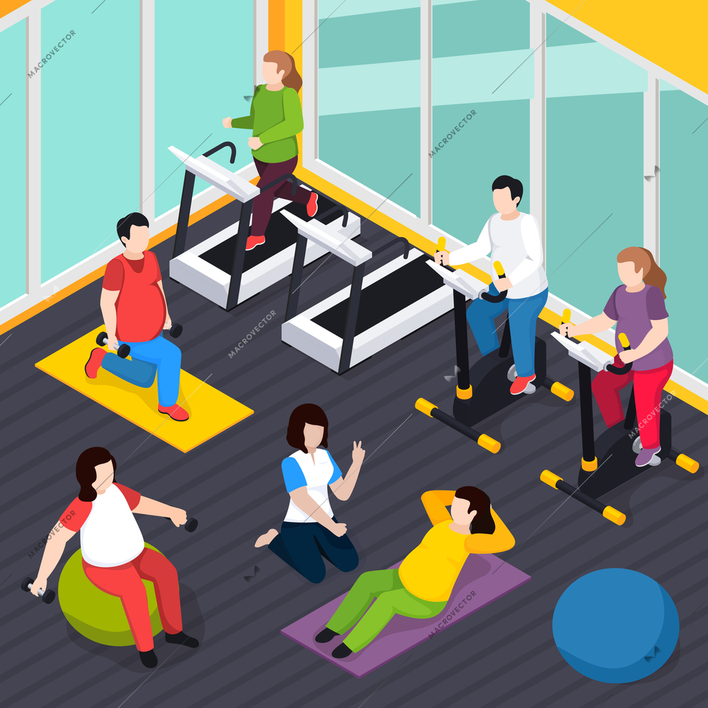 Owerweight people composition with gym and fitness symbols isometric vector illustration