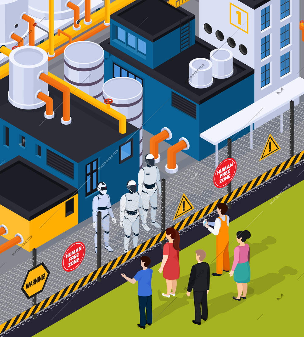 Artificial intelligence composition with robotics and people symbols isometric  vector illustration