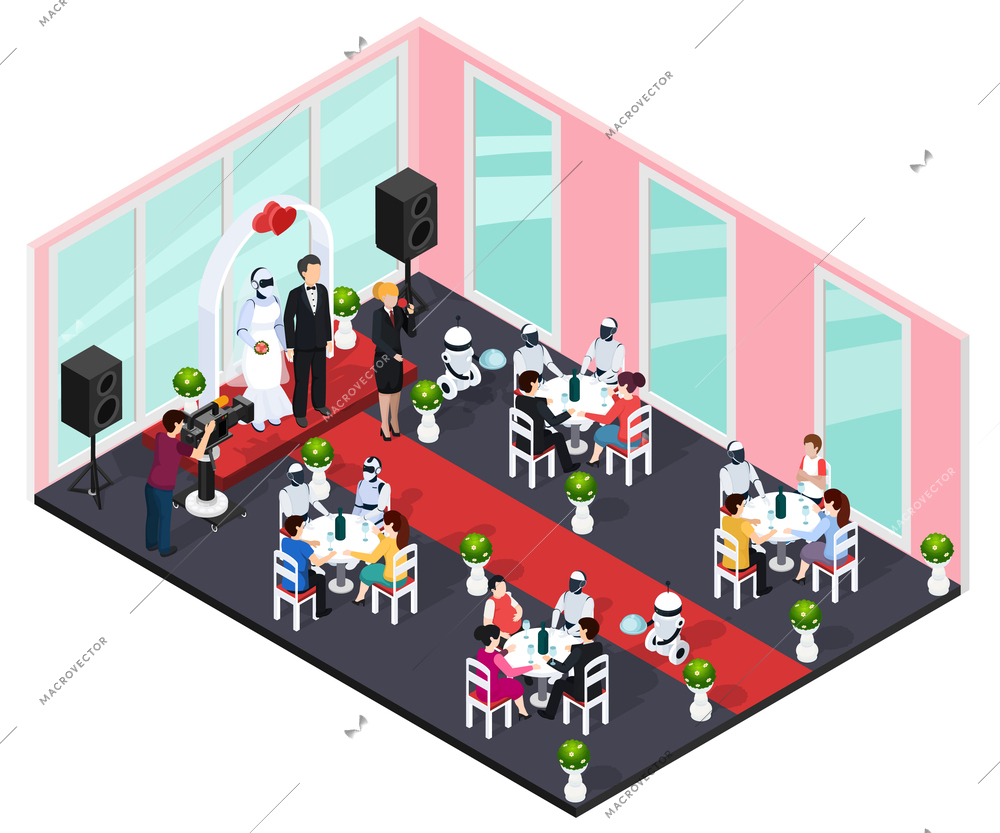 Human and robot wedding concept with technology and future symbols isometric vector illustration