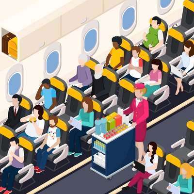 Airplane passengers and crew isometric composition with food and drinks symbols vector illustration