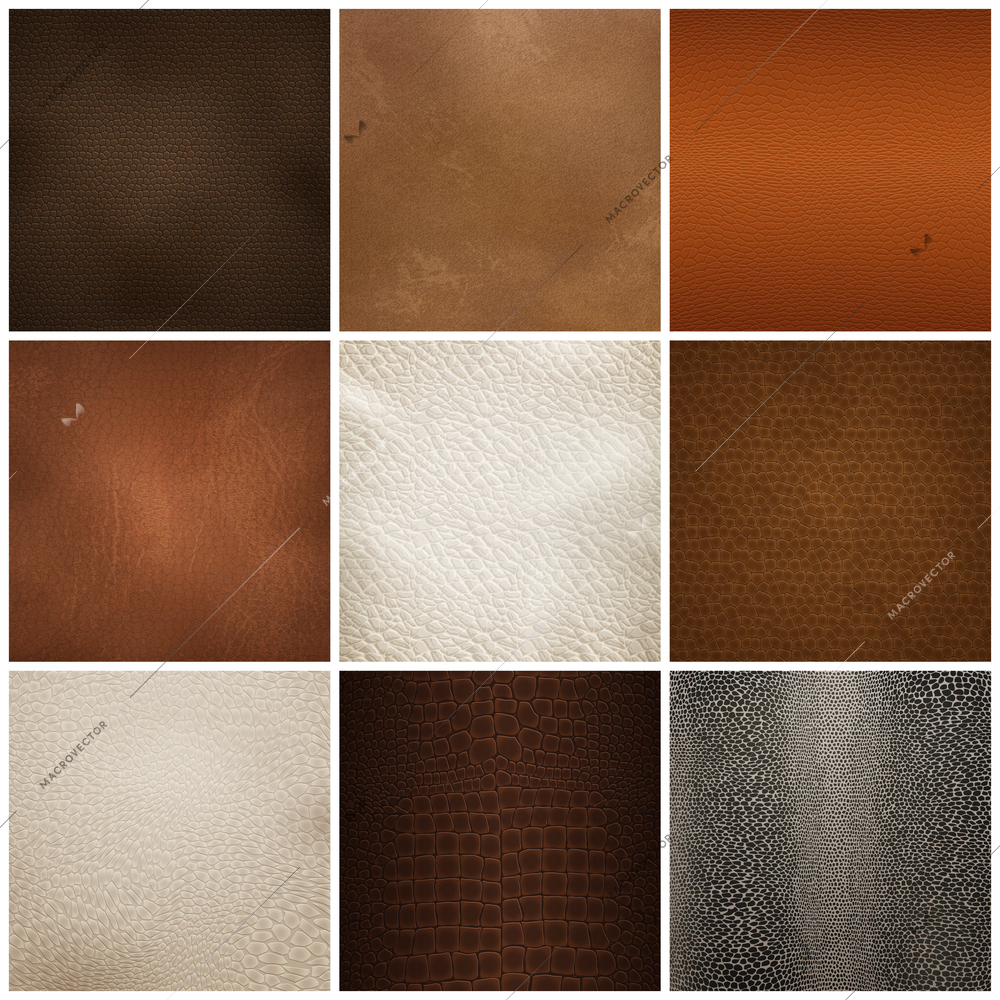 Trendy leather textures samples for furniture upholstery  and interior decorations 9 realistic icons collection isolated vector illustration