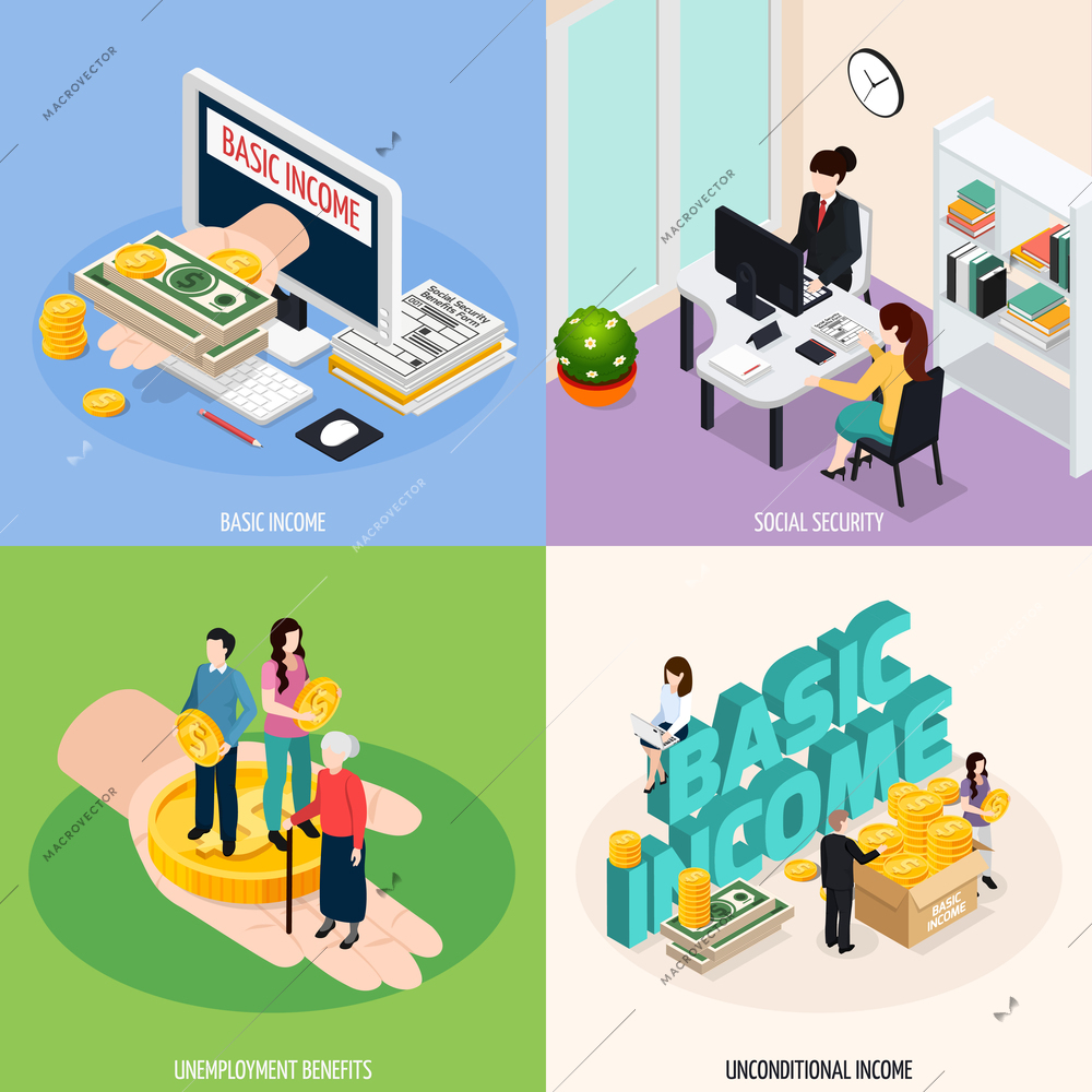 Social security concept icons set with basic income symbols isometric isolated vector illustration