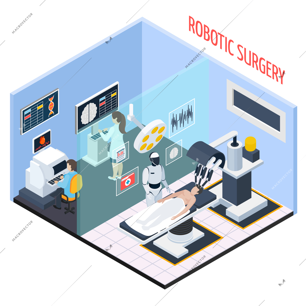 Robotic surgery composition with technology and people symbols isometric vector illustration