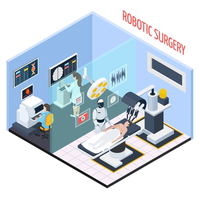 Robotic surgery composition with technology and people symbols isometric vector illustration