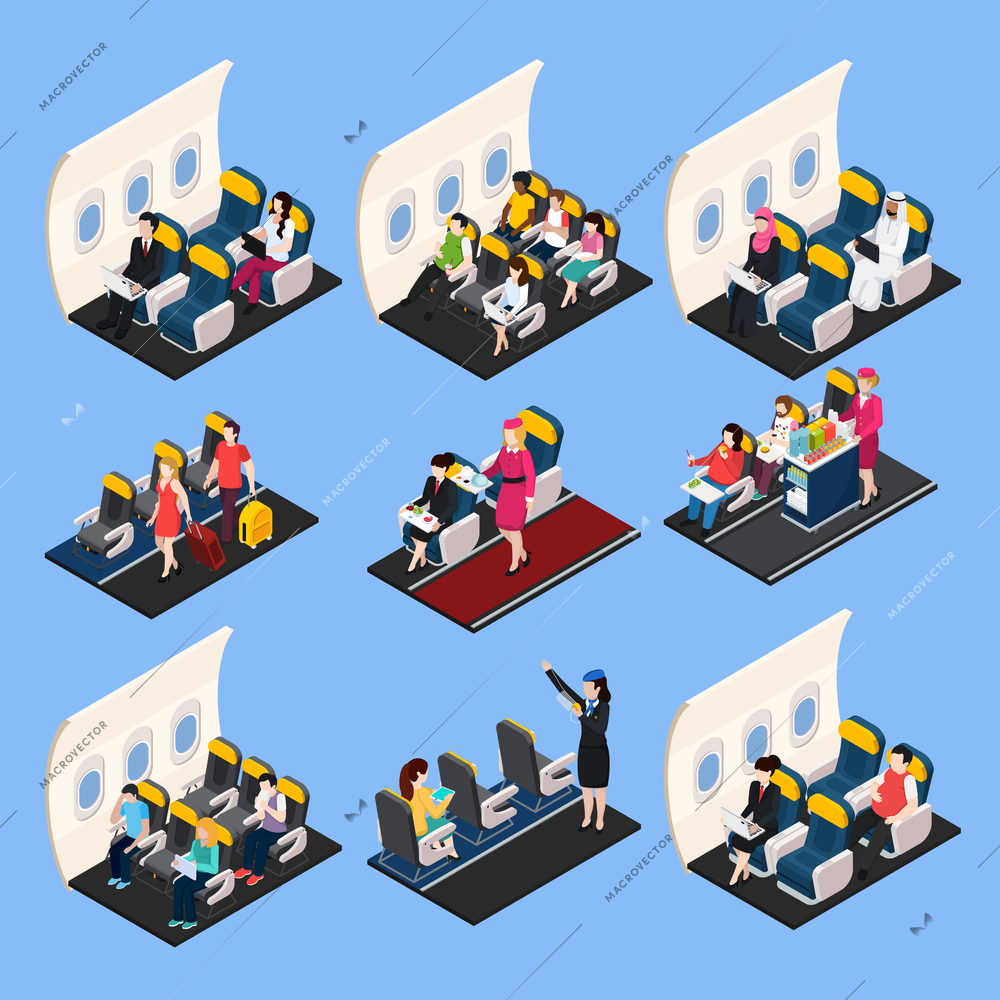 Airplane passengers and crew isometric composition set isolated vector illustration