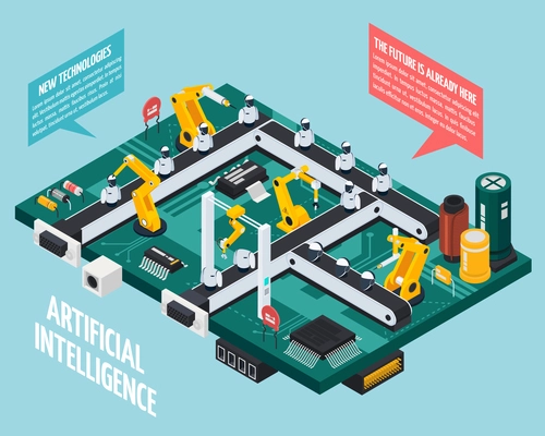 Artificial intelligence composition with robotics and technology symbols isometric  vector illustration