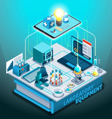 Laboratory equipment isometric composition on gradient background with flasks, laptop, microscope, medicines, book vector illustration