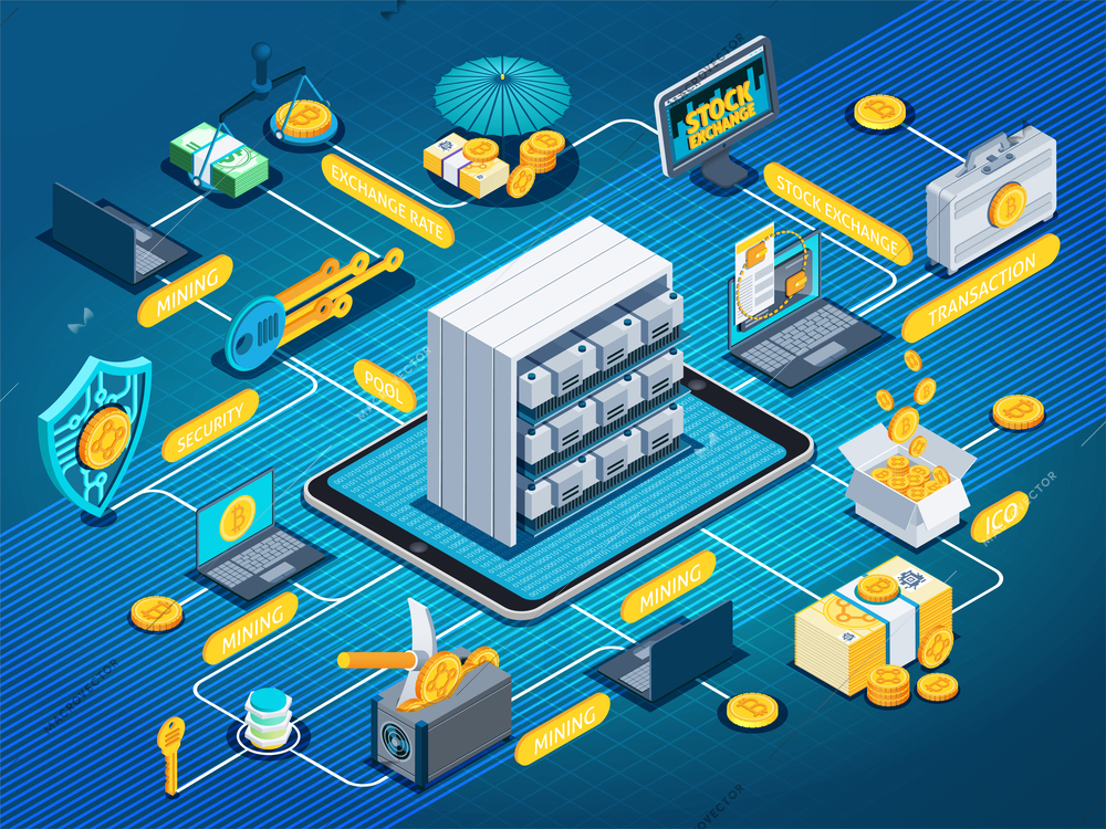 Isometric flowchart on blue background with blockchain, mining cryptocurrency, exchange rate, investment, ico, mobile devices, vector illustration