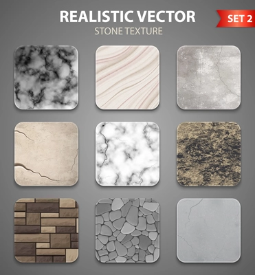 Stone textures samples for wall interior decor and garden design 9 realistic icons collection isolated vector illustration