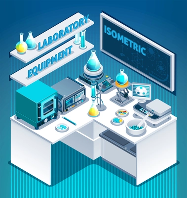 White laboratory table with scientific equipment, substances in beakers, isometric composition on blue background vector illustration