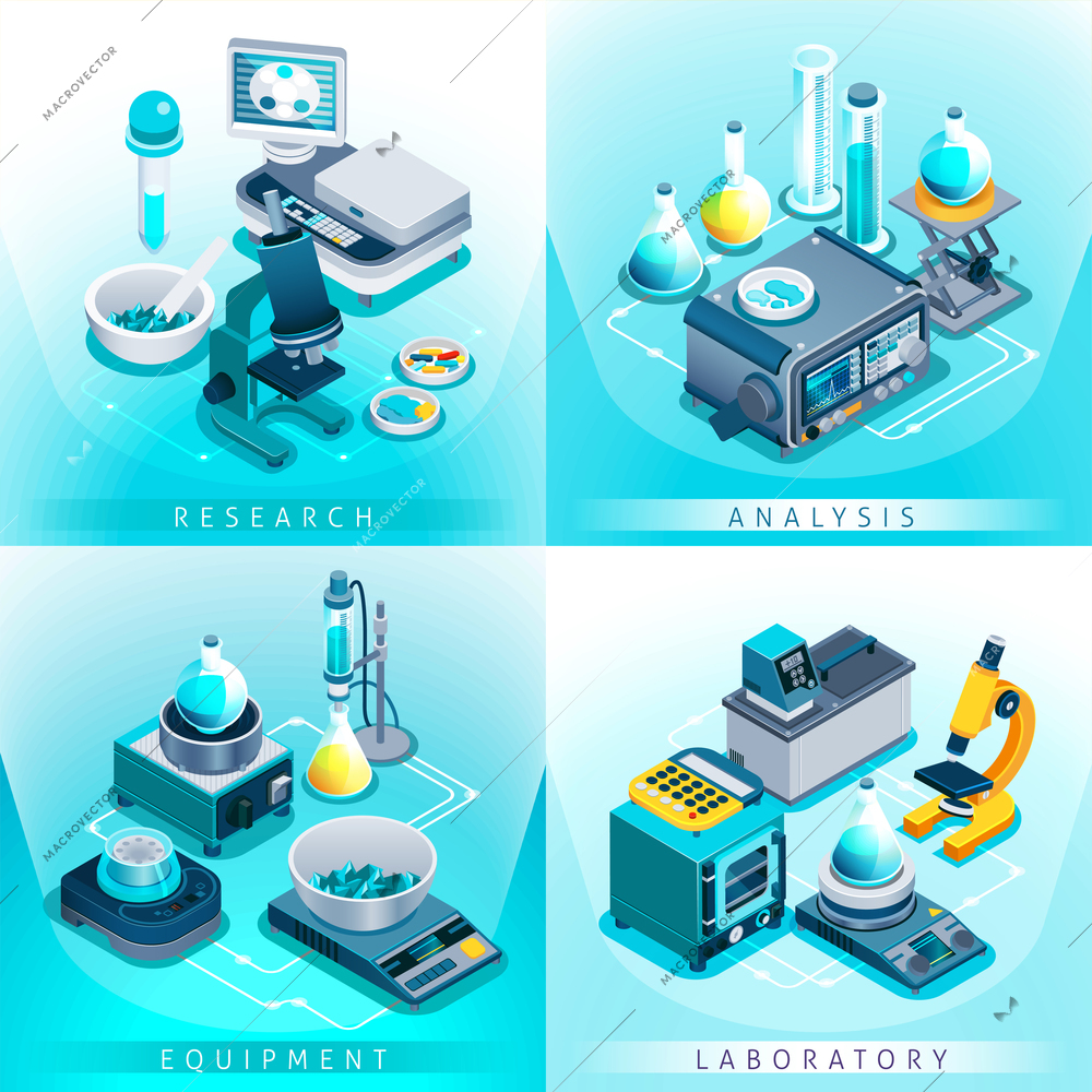 Isometric design concept with laboratory equipment for research and analysis isolated on gradient blue background vector illustration