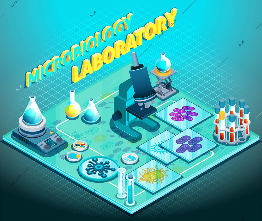 Microbiology laboratory isometric composition on blue gradient background with scientific equipment, flasks and tubes, microorganisms, vector illustration