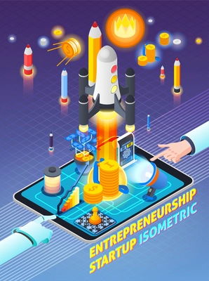 Entrepreneurship activity isometric composition on gradient purple background with rocket start, business elements, mobile device, vector illustration