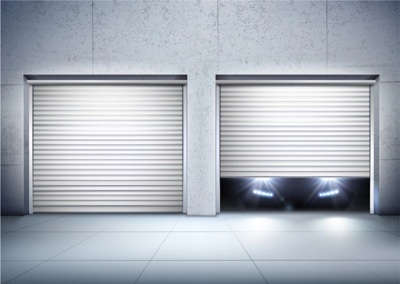 Garage realistic composition with opening door and car realistic vector illustration