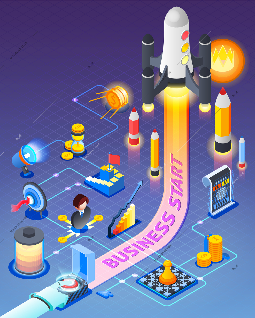 Business start isometric composition on purple background with button for rocket launch, finance, planning, strategy, vector illustration