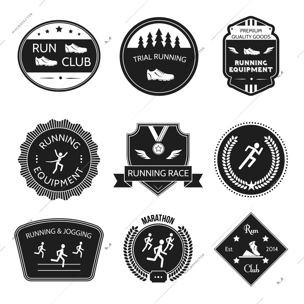 Running and jogging trial equipment winner labels set isolated vector illustration