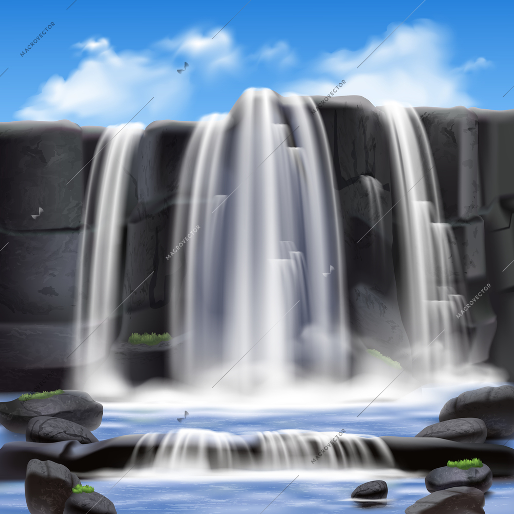 Waterfall and rocks scenery realistic background with beautiful nature vector illustration