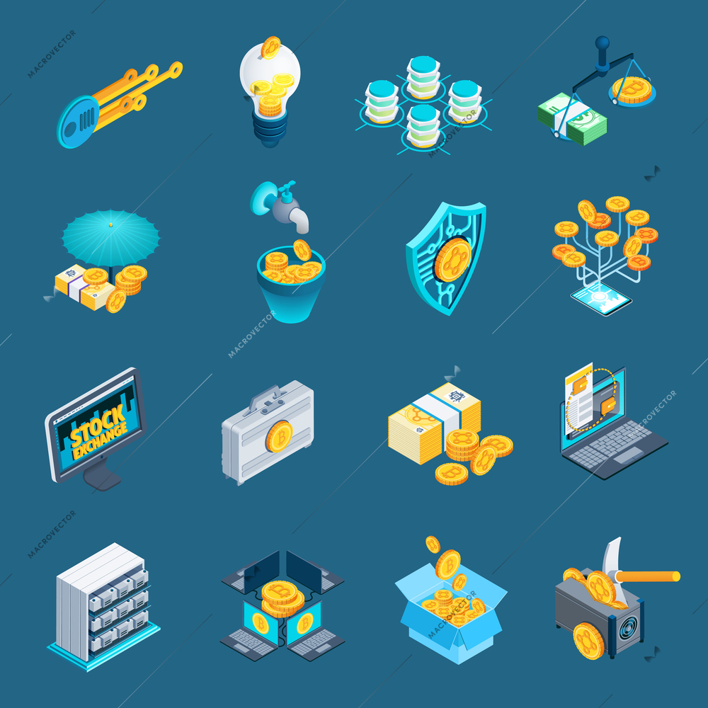 Set of isometric icons with mining cryptocurrency, blockchain, ico, stock exchange isolated on blue background vector illustration