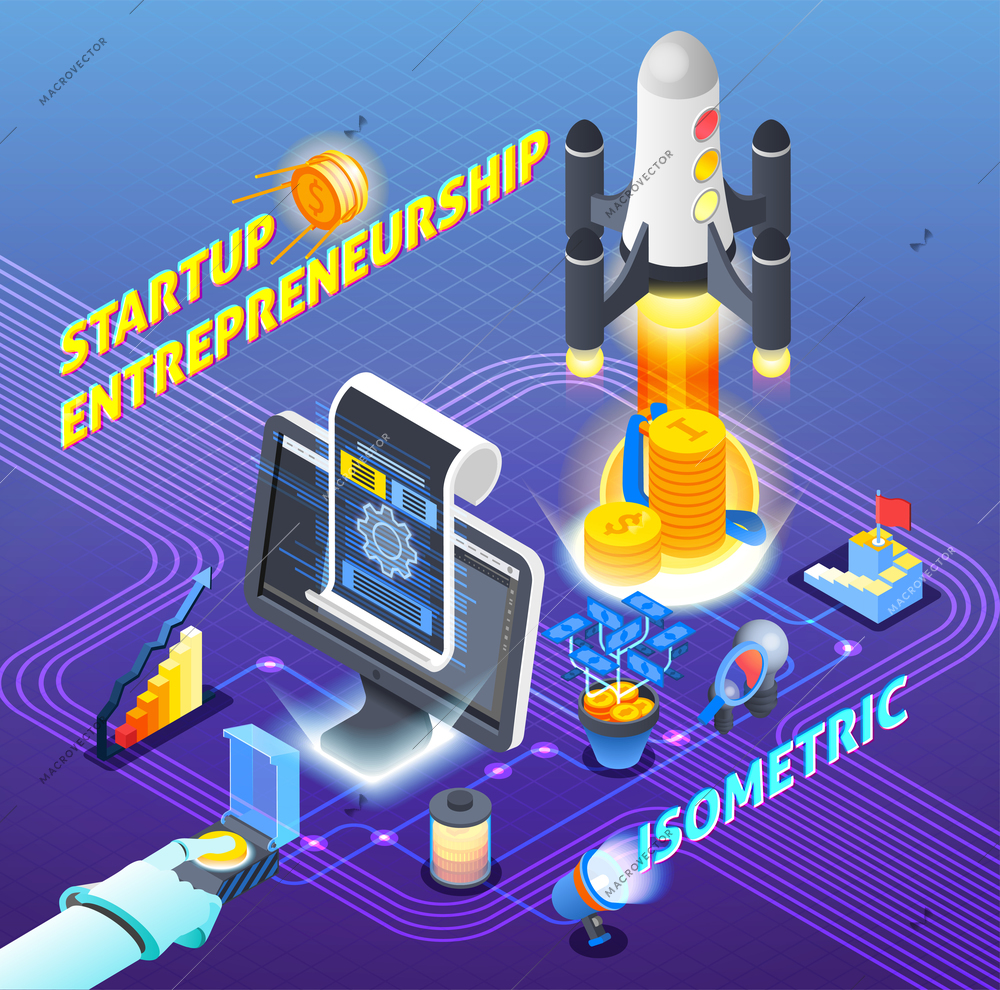 Startup entrepreneurship isometric composition on blue gradient background with spaceship launch, computer technologies, investment, resources vector illustration