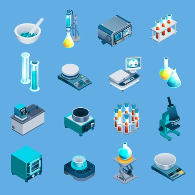 Laboratory equipment including beakers, scales, burner, scientific devices isometric icons isolated on blue background vector illustration