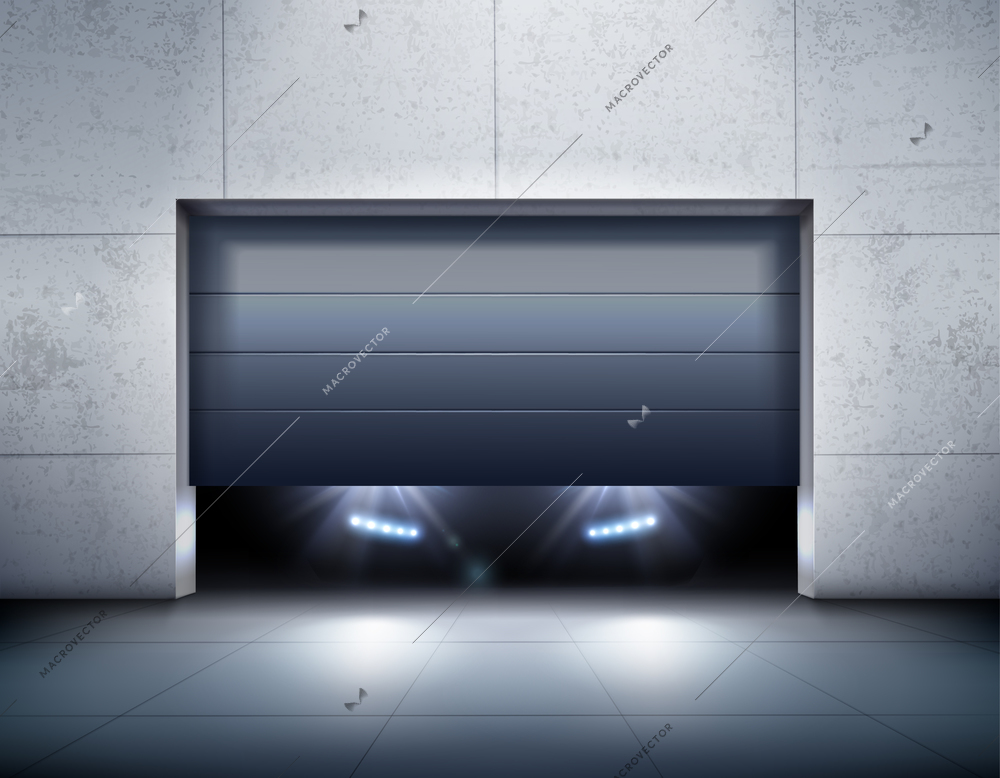 Garage and car realistic background with garage door and light realistic vector illustration