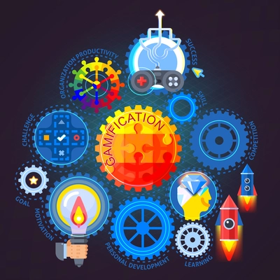 Gamification flat composition on dark background with mechanism from colorful gears, joystick, rockets, vector illustration