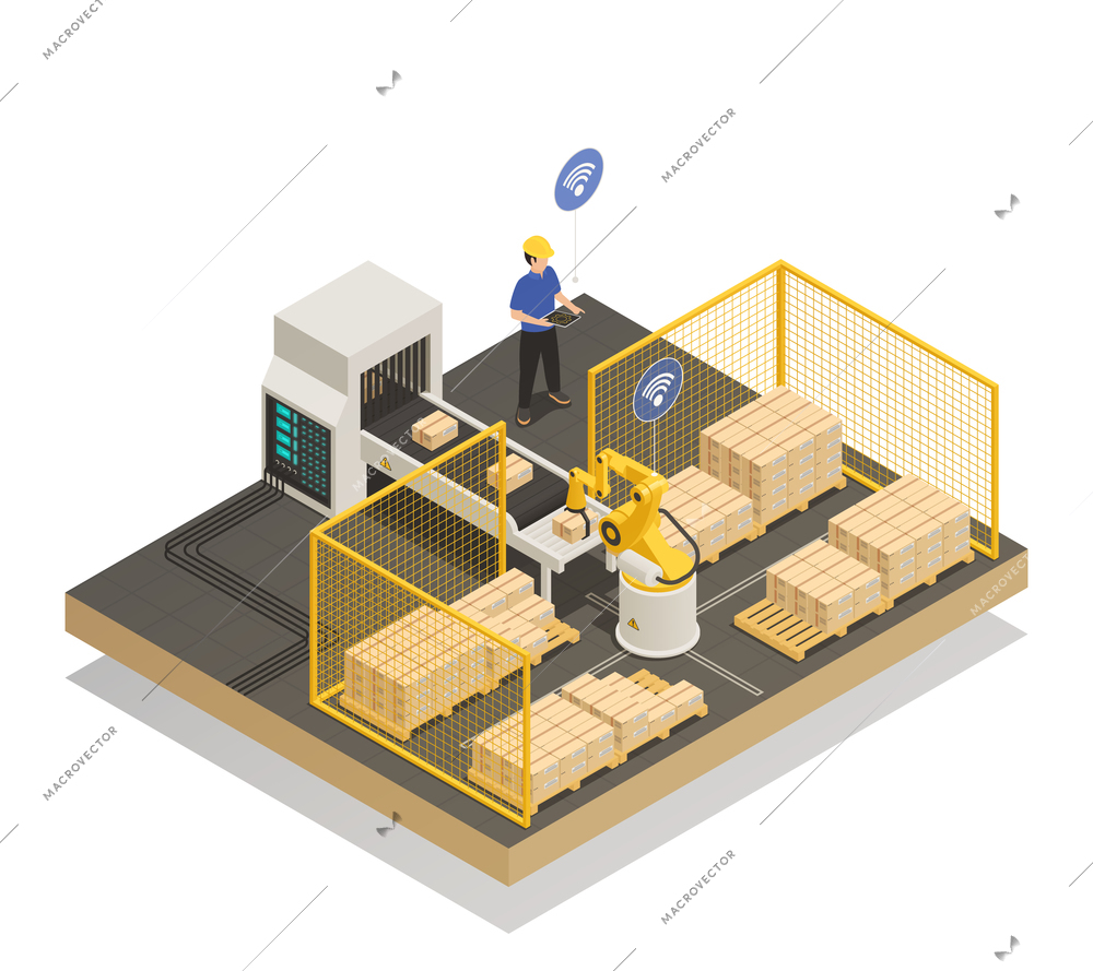 Smart industry intelligent manufacturing isometric composition with robotic arm and automated conveyor delivery warehouse production vector illustration