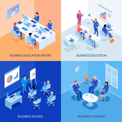 Business education isometric design concept with online school, discussions during training, lecturer and listeners isolated vector illustration