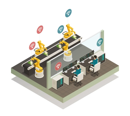 Smart industry intelligent manufacturing fully automated welding line with remote controlled robotic hand isometric composition vector illustration