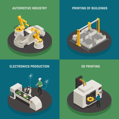 Intelligent manufacturing 4 isometric icons square concept with 3d printing and automated electronics production isolated vector illustration