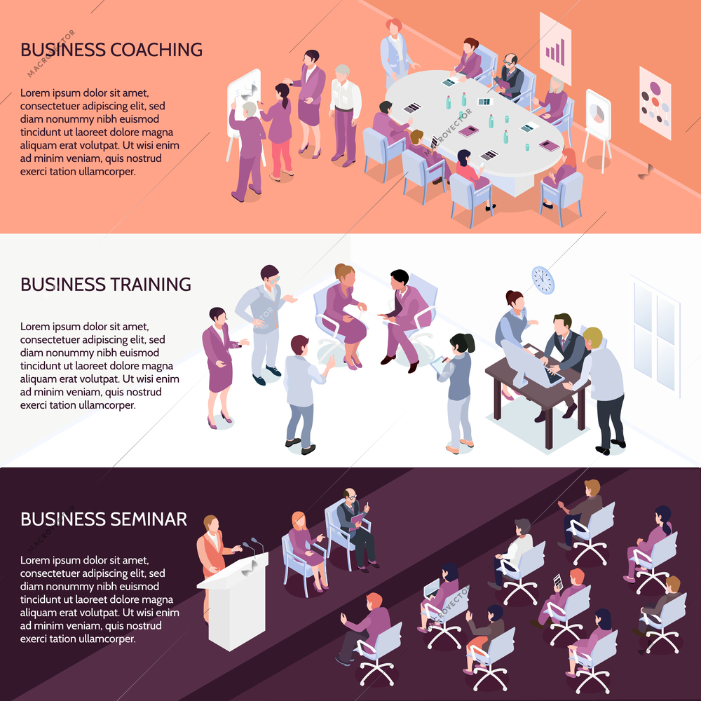 Set of horizontal isometric banners with people during business coaching, corporate training and seminar isolated vector illustration