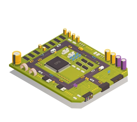 Semiconductor electronic components assembled on circuit board as city buildings streets traffic elements isometric composition vector illustration