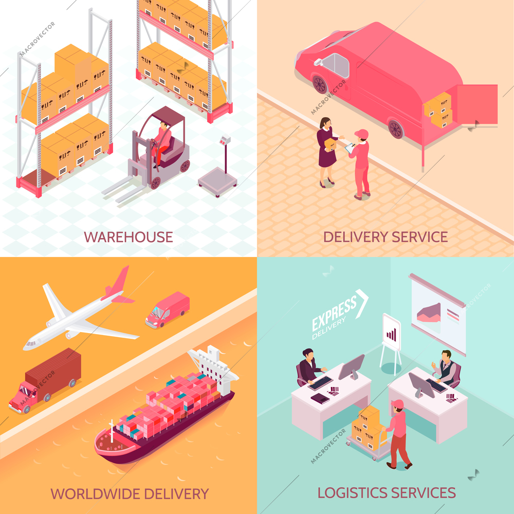 Logistics services isometric design concept with goods at warehouse, worldwide delivery, shipping to client isolated vector illustration