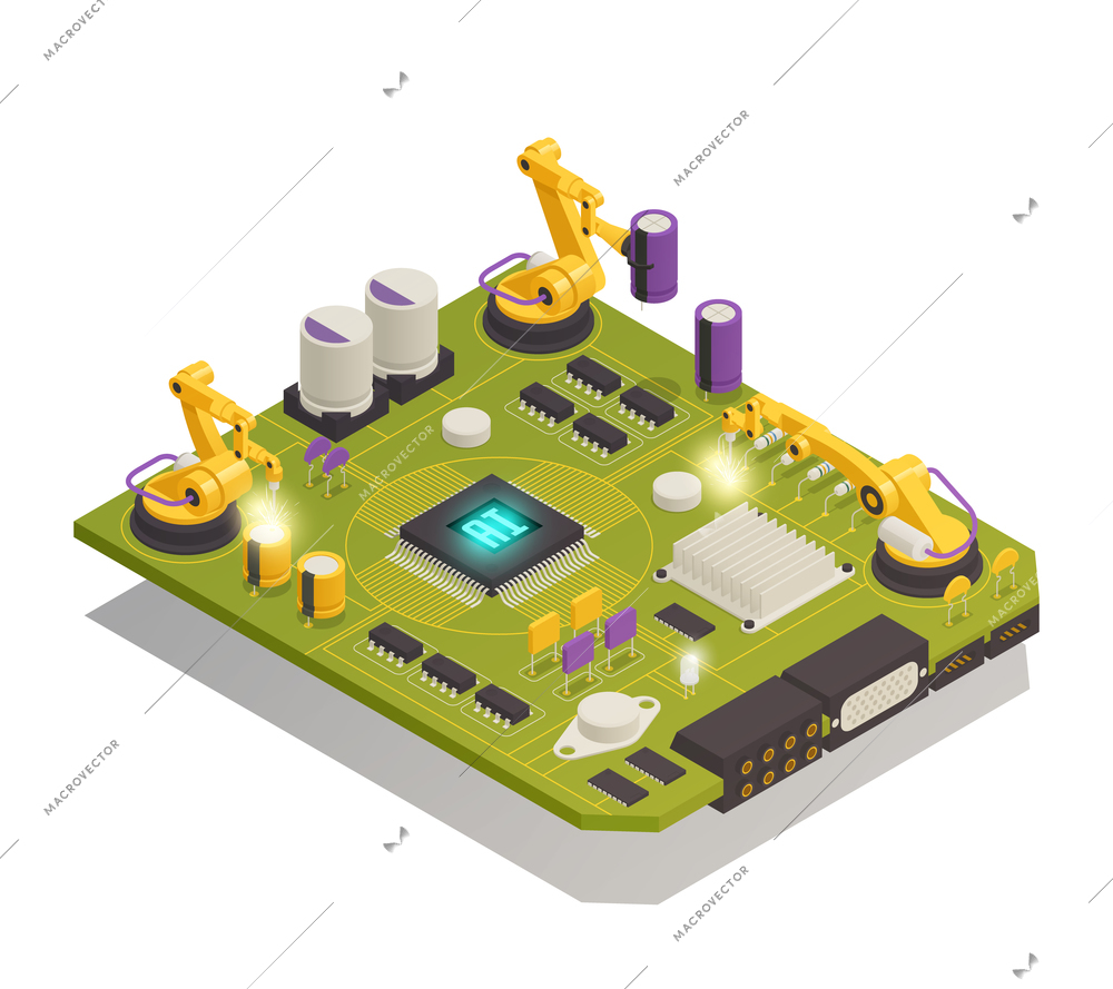 Intelligent manufacturing isometric composition with robotic hands assembling semiconductor electronic components on printed circuit board vector illustration