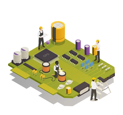 Semiconductor electronic components isometric composition with 4 men assembling resistors diodes on printed circuit board vector illustration