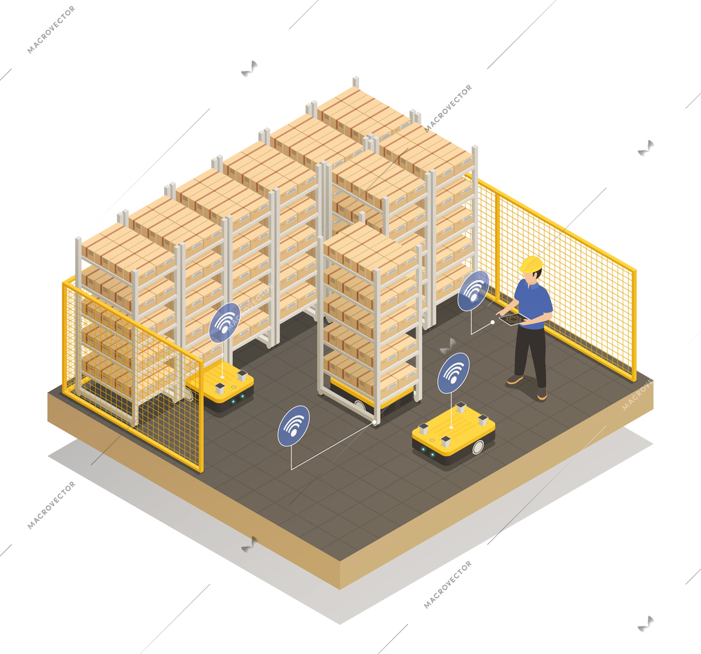 Smart industry machine intelligence in manufacturing storage unit isometric composition with computer controlled robotic trolley vector illustration