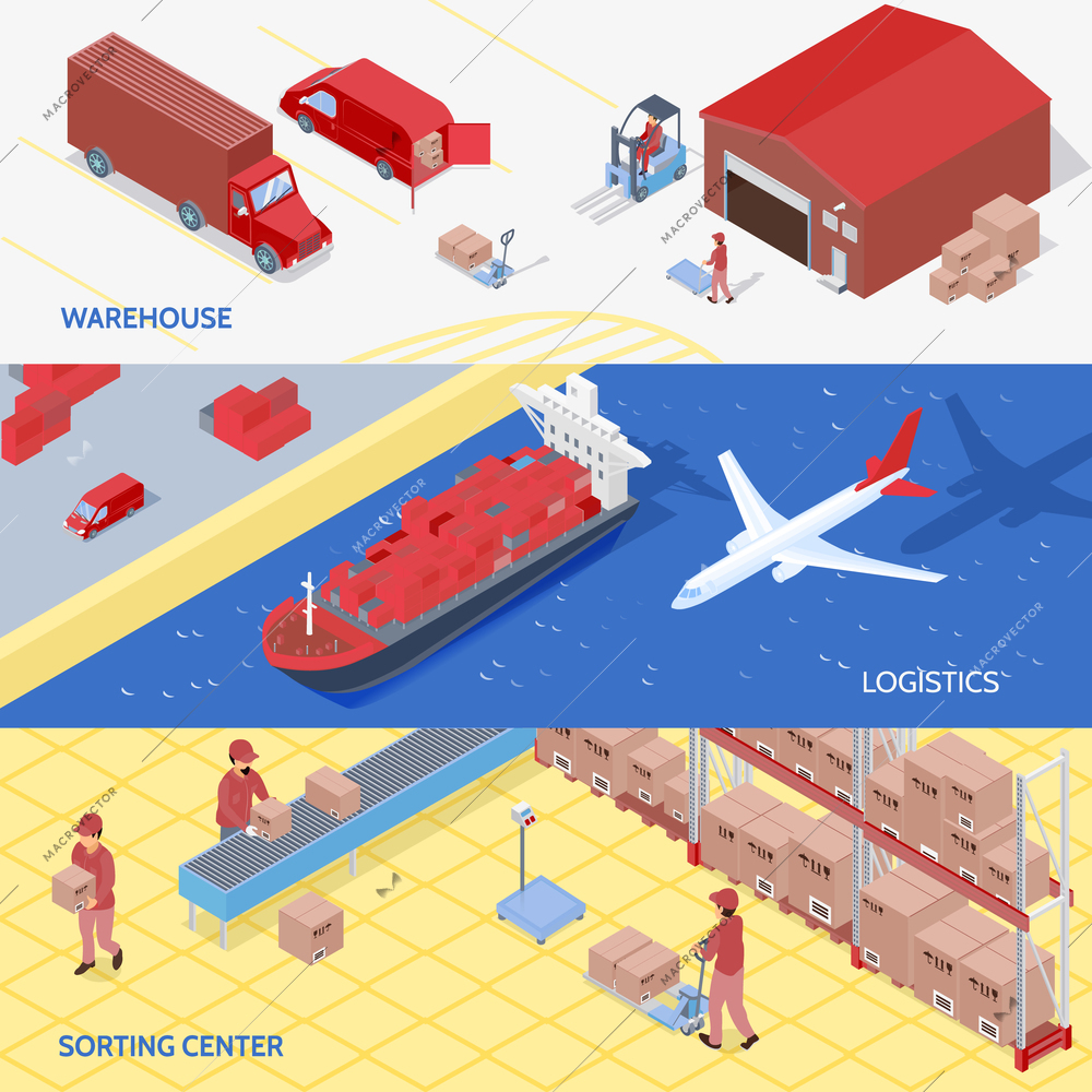 Set of horizontal isometric banners with logistics services goods storage at warehouse, sorting center isolated vector illustration